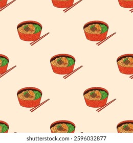 Seamless pattern with ramen bowl