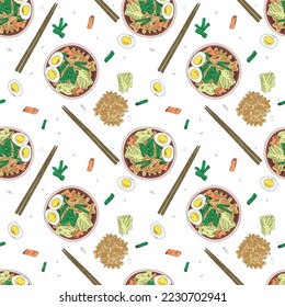 seamless pattern ramen and chopsticks. Sketch. Vector illustration. Chicken Thukpa noodle soup. Engraved style. Noodles in bowl. Asian fast food Ramen noodle soup. Tom Yam Fo Udon Kimchi
