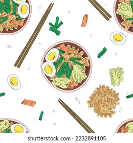 seamless pattern ramen and chopsticks. Sketch. Vector illustration. Chicken Thukpa noodle soup. Engraved style. Noodles in bowl. Asian fast food Ramen noodle soup. Tom Yam Fo Udon Kimchi