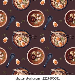 Seamless pattern with Ramen and miso soup. Japanese food, healthy eating, cooking, menu concept. Vector illustration.