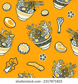 Patrón sin inconvenientes de fideos ramen e ilustración vectorial de ingredientes