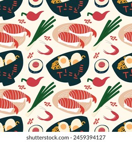 Seamless pattern with ramen noodle and sushi. Asian menu.