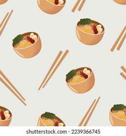 Seamless pattern with ramen soup and sticks. Asian food. Flat style 