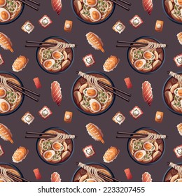 Seamless pattern with Ramen and sushi. Japanese food, healthy eating, cooking, menu concept. Vector illustration.