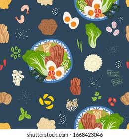 Seamless pattern. Ramen, udon, noodles in bowl on table. Top view. Vector illustration. Japanese soup, Ingredients in flat style. Asian food: miso, nori, soybean sprouts, kamaboko, enoki, bok choy.