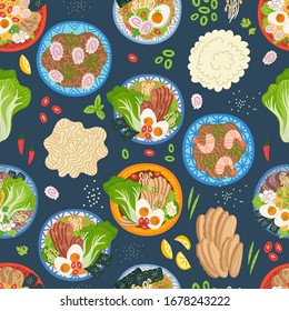 Seamless pattern. Ramen, udon, noodles in bowl on table. Top view. Vector illustration. Japanese soup, Ingredients in flat style. Asian food: miso, nori, soybean sprouts, kamaboko, enoki, bok choy.