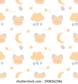 Seamless pattern with rams head, moon and cloud. Cute baby vector drawing for textiles, nursery decor.