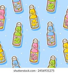 Seamless pattern with ramune japanese lemonades stickers with different flavors in glass bottle on blue background