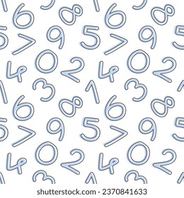Seamless Pattern. random 0 1 2 3 4 5 6 7 8 9 Numbers on white background. Handwriting light blue color and black outline stroke style. 