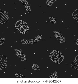 Seamless pattern of random beers, ears, hop, pretzels against a black background. For packaging beer, bread and flour products in your cafe, bar, pub, tavern, brewery, restaurant. 