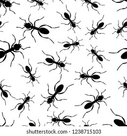 Seamless pattern of the random black silhouette ants