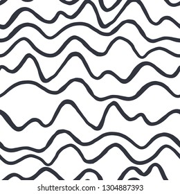 Seamless pattern with random black waves on white background. Design for backdrops with sea, rivers or water texture. Repeating texture. Figure for textiles.