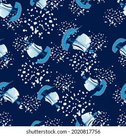 Patrón sin foco con adorno aleatorio de barco de vela azul. Fondo oscuro con salpicaduras. Estilo sencillo. Diseñado para el diseño de tejidos, impresión textil, envoltura, cubierta. Ilustración vectorial.