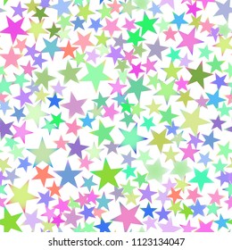 Seamless pattern with random, chaotic, scattered colorful stars on white backround.