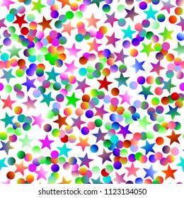 Seamless pattern with random, chaotic, scattered bright colorful stars and circles on white backround.
