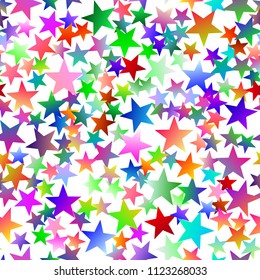 Seamless pattern with random, chaotic, scattered bright colorful stars on white backround.