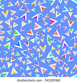 Seamless pattern with random, chaotic, scattered triangles. Bright colorful background. Vector templates for flyer, card, brochure, cover, textile etc.