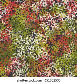 Seamless pattern. Random colored spots. The chaos of color. Fashionable camouflage. Red, green, brown, white tones.