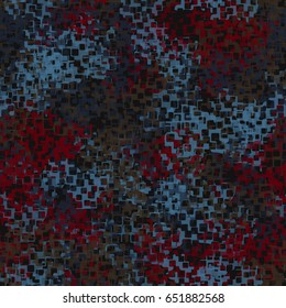 Seamless pattern. Random colored spots. The chaos of color. Fashionable camouflage. Dark red, blue, brown, black tones.