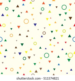 Seamless pattern with random colored triangles and rings. Repeating geometric tiles. Modern stylish texture for paper or fabric. Simple design in festive hipster style. Vector