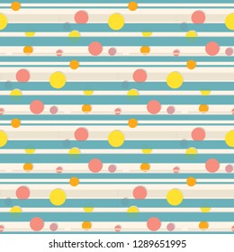 Seamless pattern of random colorful balls on trendy  background with blue stripes. Elegant pattern for background, textile, paper packaging and other design. Vector illustration.