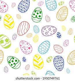 Seamless pattern with random colorful Eggs on white background.  Vector illustration on the Easter theme. Cute doodle Egg. Background for fabrics, greeting cards, wallpapers, gift wrapping paper, web 