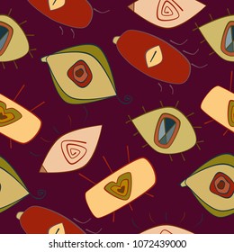 Seamless pattern with random eyes on purple background.