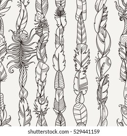 Seamless Pattern with Random Fantasy Feathers. Vector illustration for wallpaper, web page background, greeting cards, fabric print, coloring books