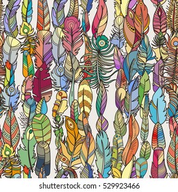 Seamless Pattern with Random Fantasy Feathers. Vector illustration for wallpaper, web page background, greeting cards, fabric print, coloring books