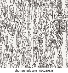 Seamless Pattern with Random Fantasy Feathers. Vector illustration for wallpaper, web page background, greeting cards, fabric print, coloring books
