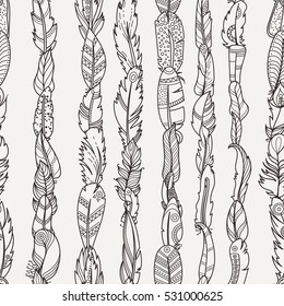 Seamless Pattern with Random Fantasy Feathers. Vector illustration for wallpaper, web page background, greeting cards, fabric print, coloring books