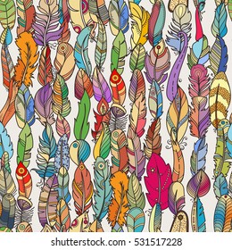 Seamless Pattern with Random Fantasy Feathers. Vector illustration for wallpaper, web page background, greeting cards, fabric print, coloring books