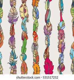 Seamless Pattern with Random Fantasy Feathers. Vector illustration for wallpaper, web page background, greeting cards, fabric print, coloring books