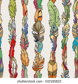 Seamless Pattern with Random Fantasy Feathers. Vector illustration for wallpaper, web page background, greeting cards, fabric print, coloring books
