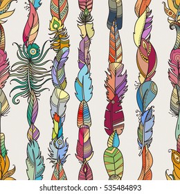 Seamless Pattern with Random Fantasy Feathers. Vector illustration for wallpaper, web page background, greeting cards, fabric print, coloring books
