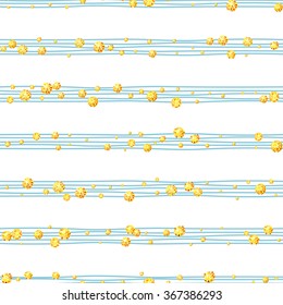 Seamless pattern of random gold balls  on trendy white background with blue stripes. Elegant pattern for background, textile, paper packaging and other design. Vector illustration.