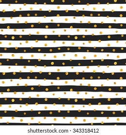Seamless pattern of random gold dots on trendy background of white and black stripes. Elegant pattern for background, textile, paper packaging and other design. Vector illustration.