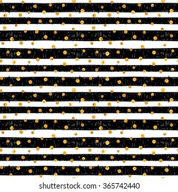 Seamless pattern of random gold dots on trendy background of white and black stripes. Elegant pattern for background, textile, paper packaging and other design. Vector illustration.