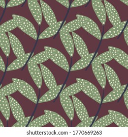 Seamless pattern with random green dotted branches. Background in burgundy tones. Vector geometric illustration. Decorative backdrop for fabric design, textile print, wrapping, cover.