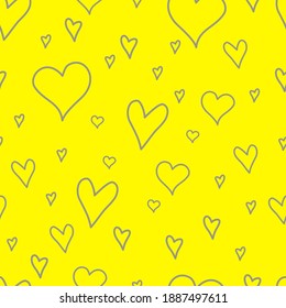Seamless pattern with random grey hearts on yellow background. Cute doodle hearts. Valentines Day card. Vector illustration. 