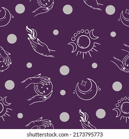 seamless pattern random hand and moon object wallpaper with design purple background.