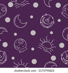 seamless pattern random hand and moon object wallpaper with design purple background.