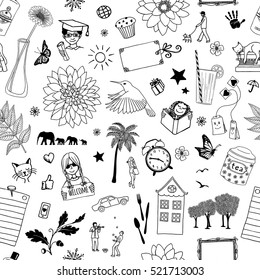 Seamless pattern of random items, like birds, flowers, trees, cats, frames, people, labels etc.