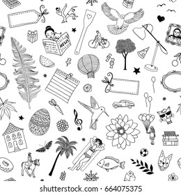 Seamless pattern of random items, like birds, flowers, trees, cats, frames, people, labels etc.