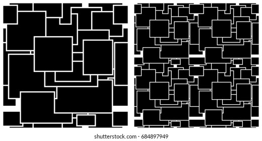 Seamless pattern of random line, rectangular. Single pattern is shown in the left. The example of assembly seamless is shown in the right.  