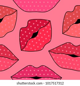 Seamless pattern with random lips on pink background.