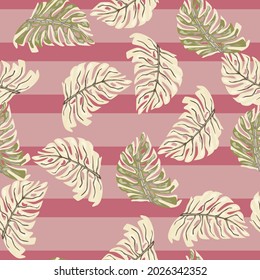 Seamless pattern with random monstera leaves ornament. Pink striped background. Tropical backdrop. Flat vector print for textile, fabric, giftwrap, wallpapers. Endless illustration.