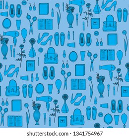 seamless pattern with random objects. beauty products, jewelry, office equipment, sport shoes, flowers