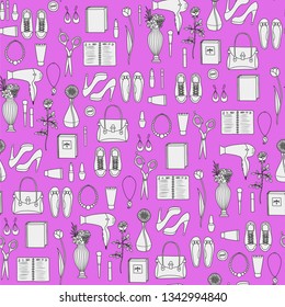 seamless pattern with random objects. beauty products, jewelry, office equipment, sport shoes, flowers