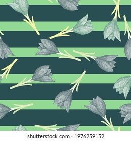 Seamless pattern with random outline crocus flowers. Striped blue and green background. Floral backdrop. Vector illustration for seasonal textile prints, fabric, banners, backdrops and wallpapers.
